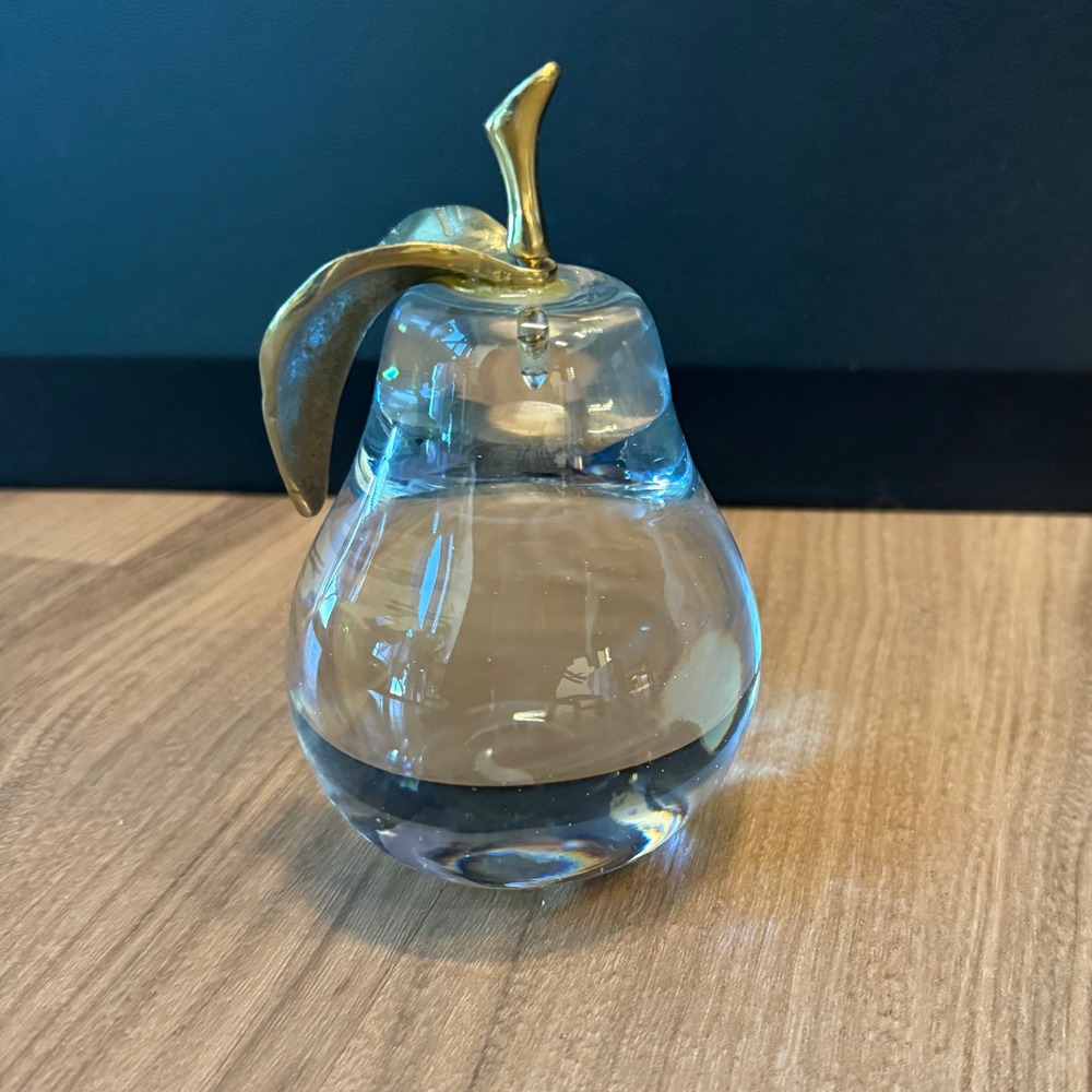Vintage Clear Glass Pear Paperweight with Brass Stem and Leaf Decorative Fruit